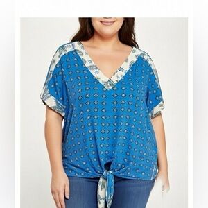 Sz L Blue Patterned V-Neck Top with tie hem